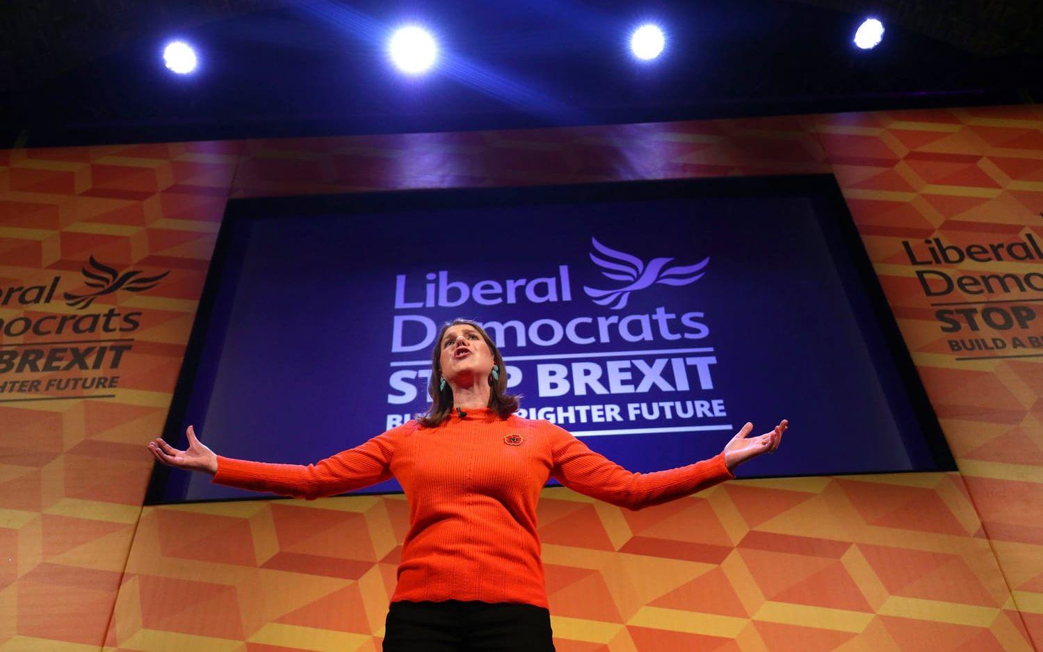 Britain's Liberal Democrats leader Jo Swinson makes a speech at a rally at the Battersea Arts Centre in Lavender Hill, while on the General Election campaign trail in London, Saturday, Nov. 9, 2019. Britain goes to the polls on Dec. 12.  (Aaron Chown/PA via AP)  AMB806