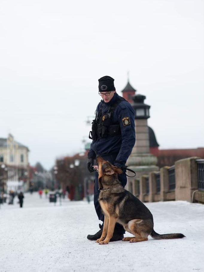 Polishunden Robson tillsammans med polisen och hussen Johan Hansson. 