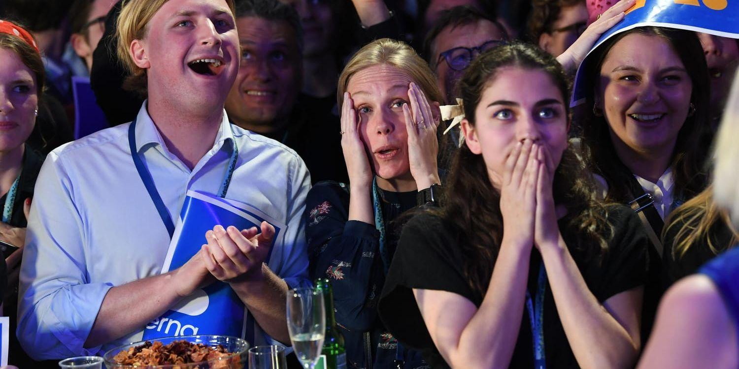 Reaktioner på Liberalernas valvaka på Clarion Hotel i Stockholm då partiet, som i opinionsmätningar legat nära fyraprocentsspärren, får 4,1 procent, enligt en preliminär rösträkning.