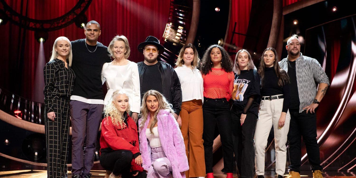 Anna Bergendahl, Mohombi, Arja Saijonmaa, Anis Don Demina, High 15, Nano  ocg Wictoria (under raden i rött) deltar i den första deltävlingen av Melodifestivalen 2019 i Scandinavium i Göteborg.