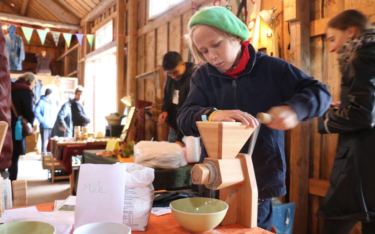 Miles Gerhard visade sig vara en fena på att mala mjöl av dinkel. Foto Erika Olofsson