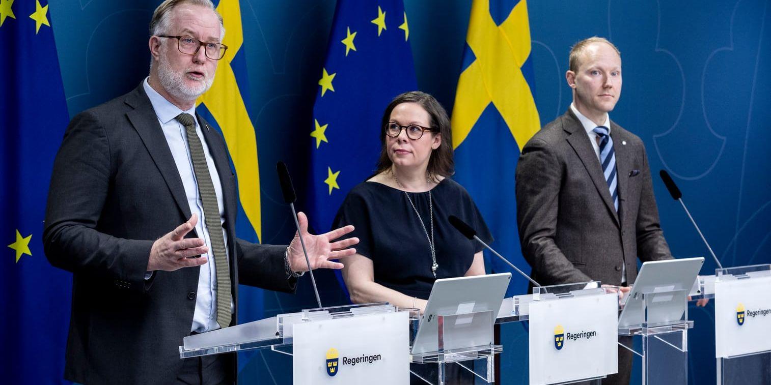 Arbetsmarknadsminister Johan Pehrson (L), migrationsminister Maria Malmer Stenergard (M) och Sverigedemokraternas migrationspolitiske talesperson Ludvig Aspling vill skärpa kraven på arbetskraftsinvandrare.