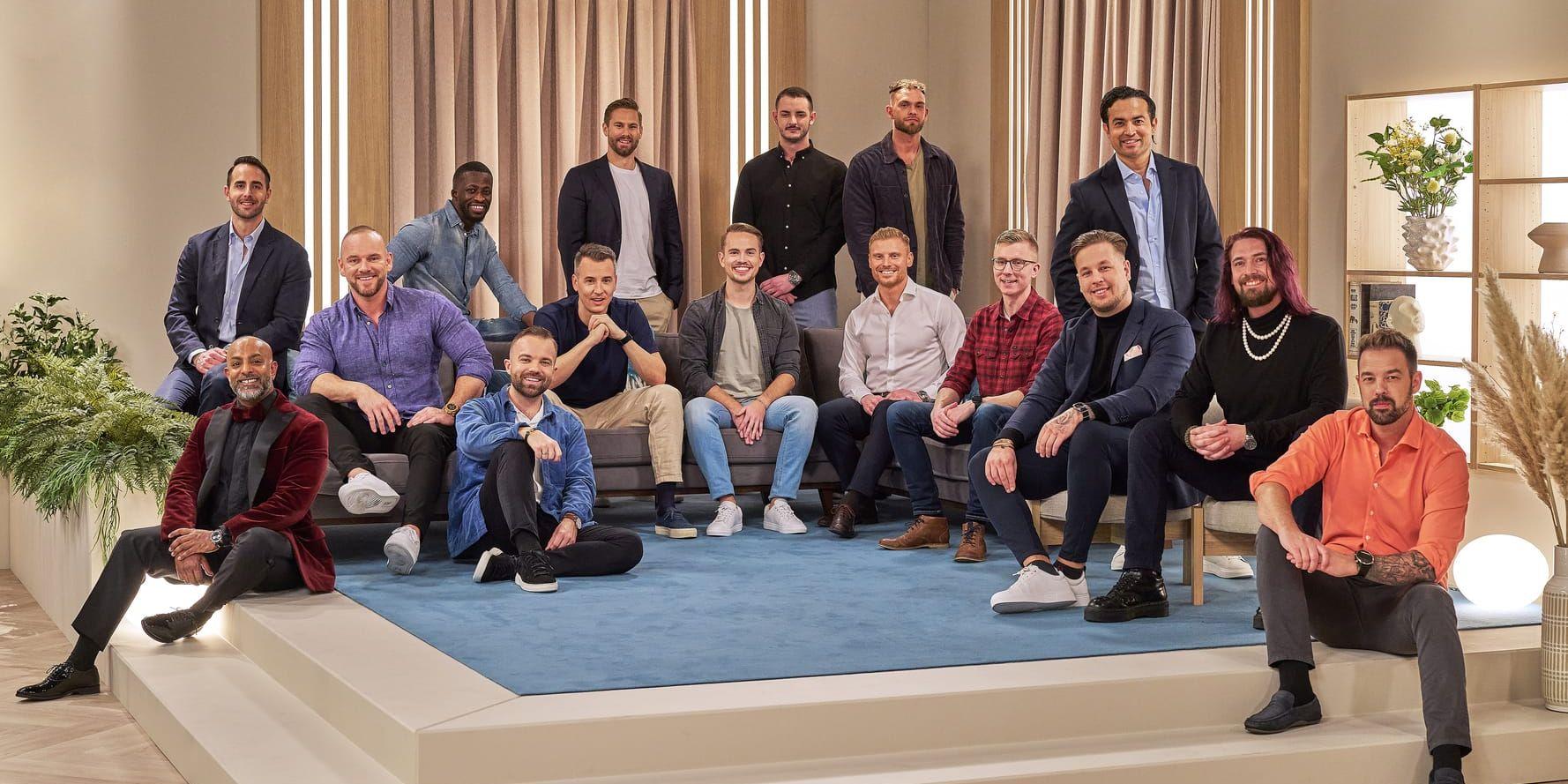 Love Is Blind Sweden S1. [L to R] Adde, Mow, Johan, Mohamed, Jimmy, Daniel, Oskar Markus, Milan, Lucas, Johannes, Sami, Rasmus, Sergio, Christofer, Andreas. Cr. Courtesy of Netflix © 2023